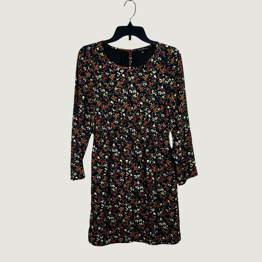 J.Crew Mercantile Floral Dress Women 4 Black Long Sleeve Elastic Waist Tulip Hem